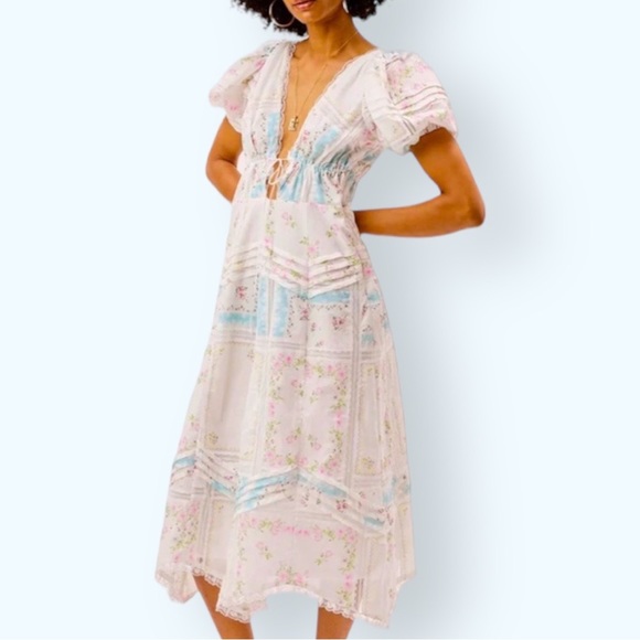 For Love & Lemons x Free People Shea XS White Blue Handkerchief Floral Lace Midi - Picture 8 of 11
